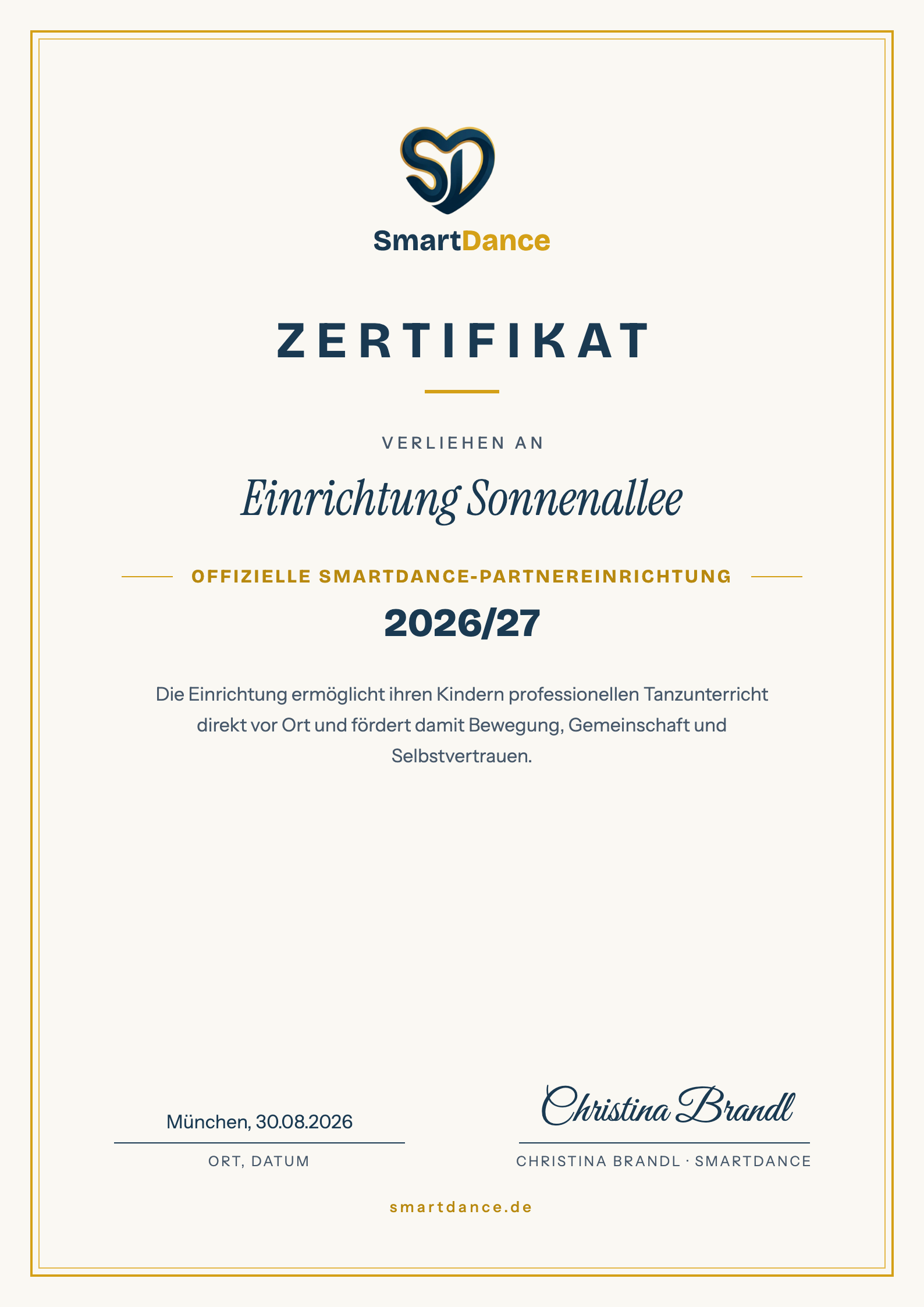 Offizielles SmartDance-Zertifikat für Bewegungsförderung, ausgestellt auf die Einrichtung